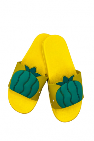 Papuci plaja - Papuci de plaja sau piscina pentru dama, TECOS, imprimeu ananas, galben, mărime 36-37, 23.5 centimetri