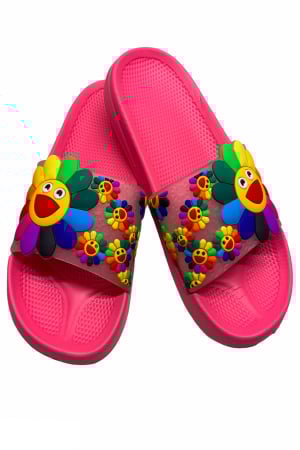 Papuci plaja dama - Papuci piscina sau plaja pentru dama, roz, marime 40-41, imprimeu 3D floarea soarelui