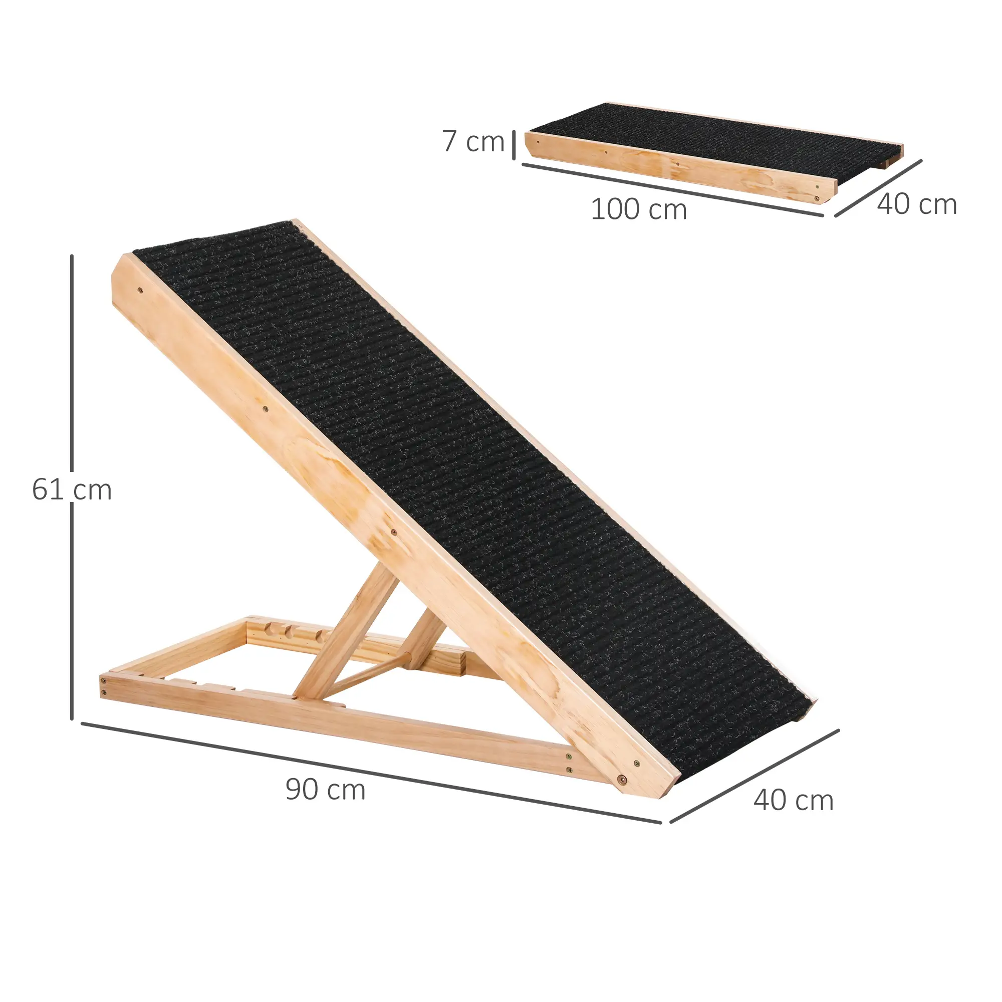 Rampa pliabila din lemn de pin pentru caini sau pisici, Cracos®, reglabila pe 4 niveluri, lungime 100cm, inaltime maxima 60 cm, latime: 40 cm, antiderapanta, cu manere de ghidaj, acces canapea, pat s [2]