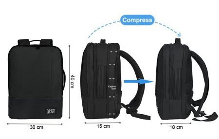 Rucsac pentru calatorii CabinFly Bellanca, poliester, negru, 40x30x10cm, extensibil pana la 40x30x15 cm, ideal ca bagaj de mana Lufthansa sau AirFrance [8]