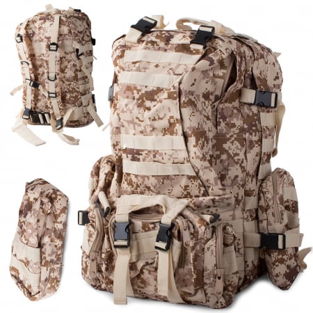 Genti voiaj - Rucsac tactic militar, Cracos®, dimensiuni 50x55x20cm, 45L, bej, ideal pentru drumetii, activitati in natura sau expeditii