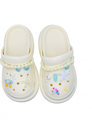 Saboti dama cu platforma, Tecos, alb, marime 40-41, accesorii detasabile, cu motive estivale, design modern cu sirag de perle, 25 centimetri [2]