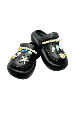 Papuci plaja - Saboti dama cu platforma, Tecos, negru, marime 40-41, accesorii detasabile, cu motive estivale, design modern cu sirag de perle, 25 centimetri