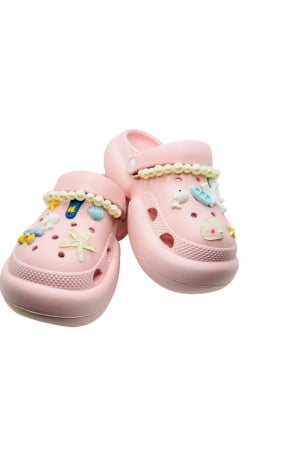 Papuci plaja - Saboti dama cu platforma, Tecos, roz, marime 36-37, accesorii detasabile, cu motive estivale, design modern cu sirag de perle, 23 centimetri