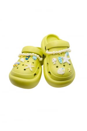Papuci plaja - Saboti dama cu platforma, Tecos, verde, marime 40-41, accesorii detasabile, cu motive estivale, design modern cu sirag de perle, 25 centimetri