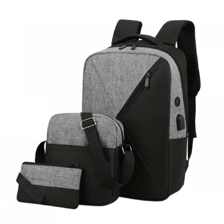 Set calatorie, rucsac, geanta si plic pentru adulti, 3 in 1, cablu USB, rezistent la apa, 2 culori, gri si negru [0]