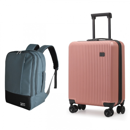Trollere - set-calatorie-cabinfly-ryanair-priority-troller-roz-auriu-si-rucsac-albastru