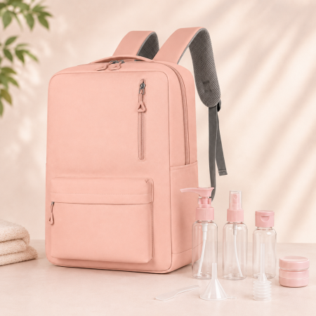 Accesorii calatorie - Set călătorie Cracos roz cu rucsac laptop USB și trusă cosmetică 9 piese