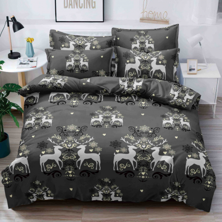 Magia Craciunului - Set Lenjerie de pat cu 6 piese pentru 2 persoane, Tecos, pilota 200x230 cm, cearceaf cu elastic 230X250 cm, bumbac finet, negru cu motive de Craciun si reni