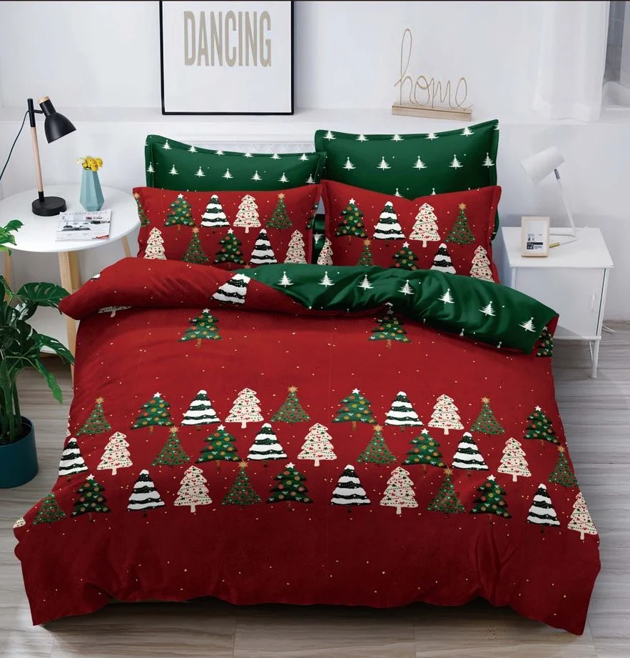 Set Lenjerie de pat cu 6 piese pentru 2 persoane, Tecos, pilota 200x230 cm, cearceaf cu elastic 230X250 cm, bumbac finet, negru cu motive de Craciun [1]