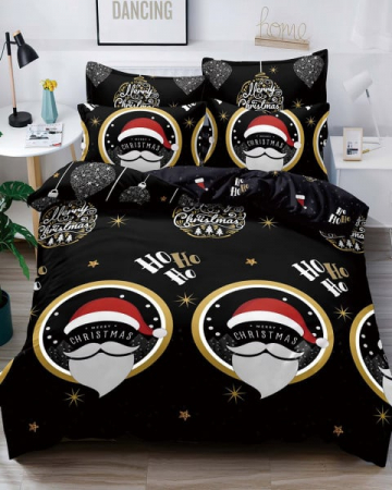 Magia Craciunului - Set Lenjerie de pat cu 6 piese pentru 2 persoane, Tecos, pilota 200x230 cm, cearceaf cu elastic 230X250 cm, bumbac finet, negru cu motive de Craciun