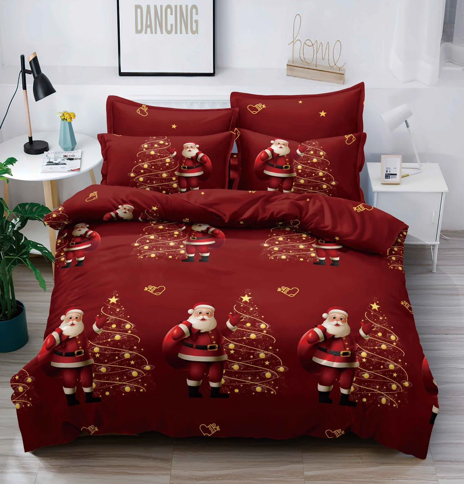 Set Lenjerie de pat cu 6 piese pentru 2 persoane, Tecos, pilota 200x230 cm, cearceaf cu elastic 230X250 cm, bumbac finet, negru cu motive de Craciun [2]