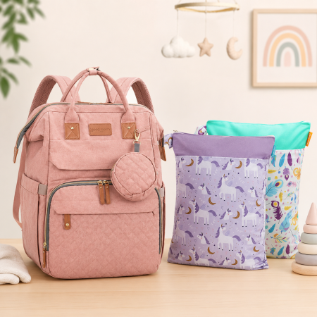 Rucsacuri - Set mamă și bebe Cracos MommyBag cu pătuț pliabil și gentuțe organizatoare impermeabile