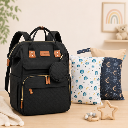 Rucsacuri - Set mamă și bebe Cracos MommyBag cu pătuț pliabil și gentuțe organizatoare impermeabile