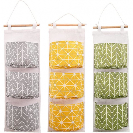 Accesorii Casa - Set organizator suspendat pentru baie, 3 rafturi textile, culoare gri, galben, verde, 3 bucati