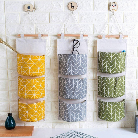 Set organizator suspendat pentru baie, 3 rafturi textile, culoare gri, galben, verde, 3 bucati [2]
