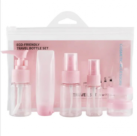 Organizatoare bagaje - Set recipiente pentru cosmetice, Tecos, material plastic, roz, 9 piese, ideale pentru trusa de calatorii