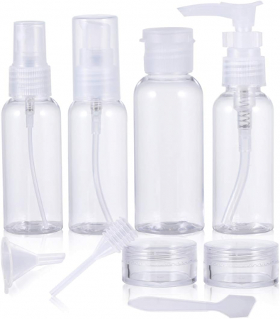 Organizatoare bagaje - Set recipiente pentru cosmetice, Tecos, material plastic, transparent, 9 piese, ideale pentru trusa de calatorii