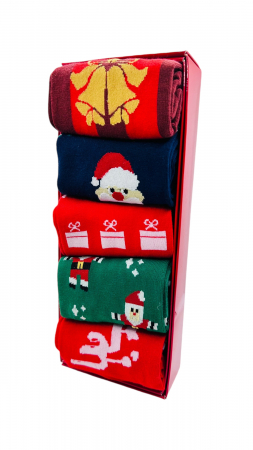 Set sosete de barbati, cu design de sarbatori, Tecos®, marime 40-45, ambalate in cutie cadou, ideale pentru Sarbatorile de iarna, 5 perechi diverse [0]