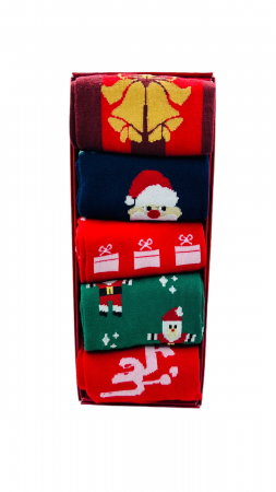 Set sosete de barbati, cu design de sarbatori, Tecos®, marime 40-45, ambalate in cutie cadou, ideale pentru Sarbatorile de iarna, 5 perechi diverse [1]
