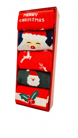Sosete barbati - Set sosete de barbati, cu design de sarbatori, Tecos®, marime 40-45, ambalate in cutie cadou, ideale pentru Sarbatorile de iarna, 5 perechi sosete