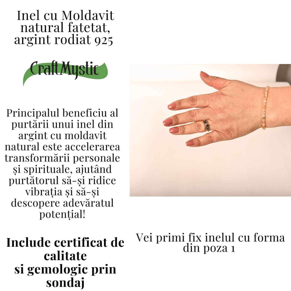 Inel din Argint 925 rodiat cu Moldavit natural fatetat – transformare, protectie si claritate interioara [5]