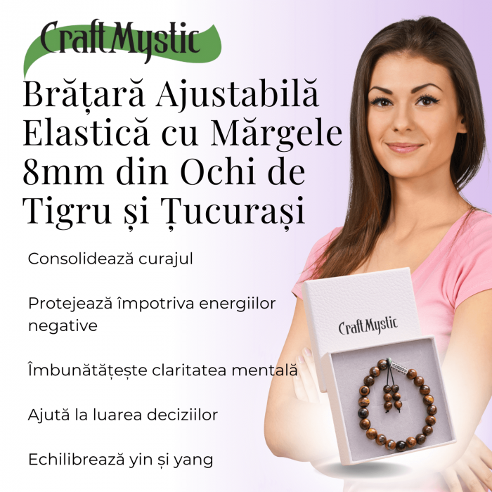 Bratara Elastica cu Margele 6mm din Pietre Semipretioase Ochi de Tigru, Tucurasi si Pandativ [4]