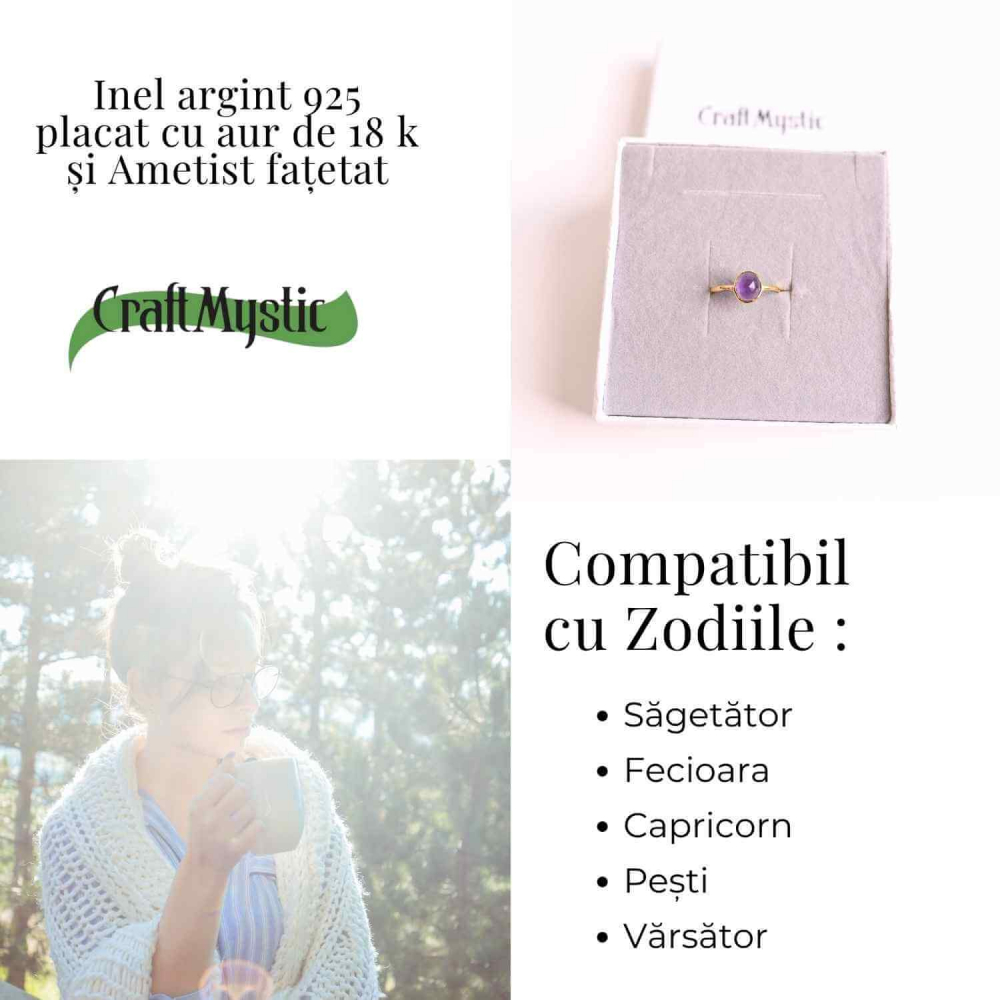 Inel din Argint 925 placat cu Aur de 18K cu Ametist Fatetat 1.58 gr M54 / 7– Claritate mentala si echilibru emotional [5]
