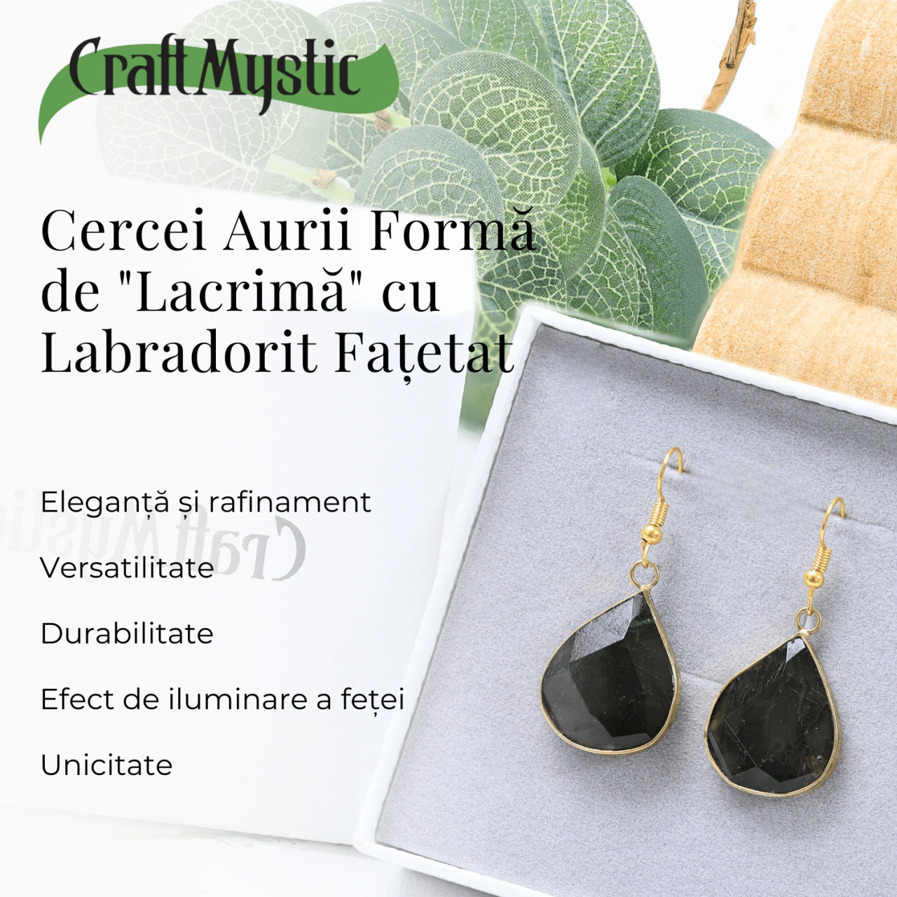 Cercei Aurii cu Labradorit Natural Fatetat in forma de "lacrima" [5]
