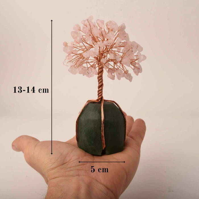 Arborele vietii 13-14 cm din pietre semipretioase polisate de cuart roz si baza de piatra naturala de aventurin verde - Copacel de cristal pentru energie pozitiva  atrage norocul, decor Feng Shui, cadou spiritual [4]