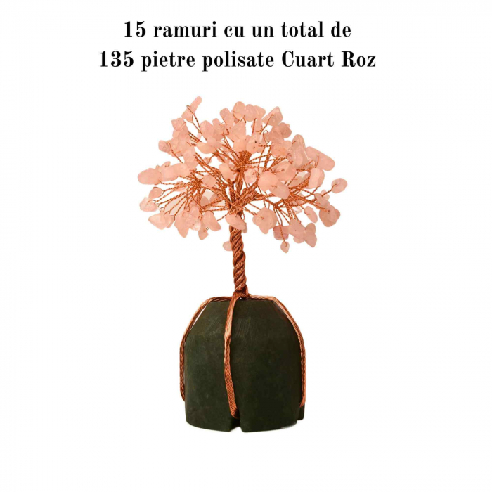 Arborele vietii 13-14 cm din pietre semipretioase polisate de cuart roz si baza de piatra naturala de aventurin verde - Copacel de cristal pentru energie pozitiva  atrage norocul, decor Feng Shui, cadou spiritual [6]
