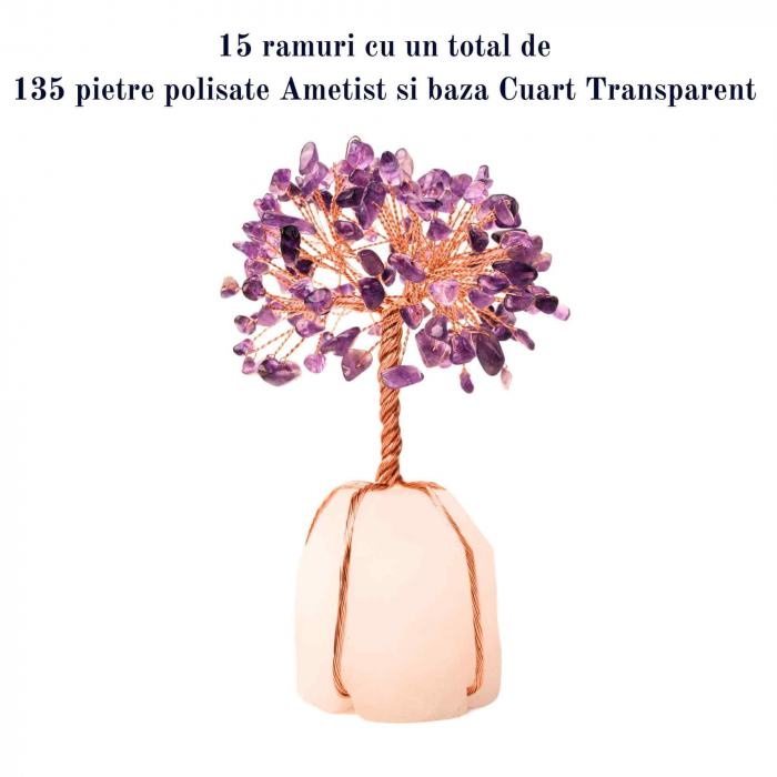 Copacel 13-14 cm din pietre semipretioase polisate de ametist si baza de piatra naturala de cuart transparent - Arbore din cristale semipretioase pentru energie pozitiva  atrage norocul, decor Feng Shui, cadou spiritual [4]