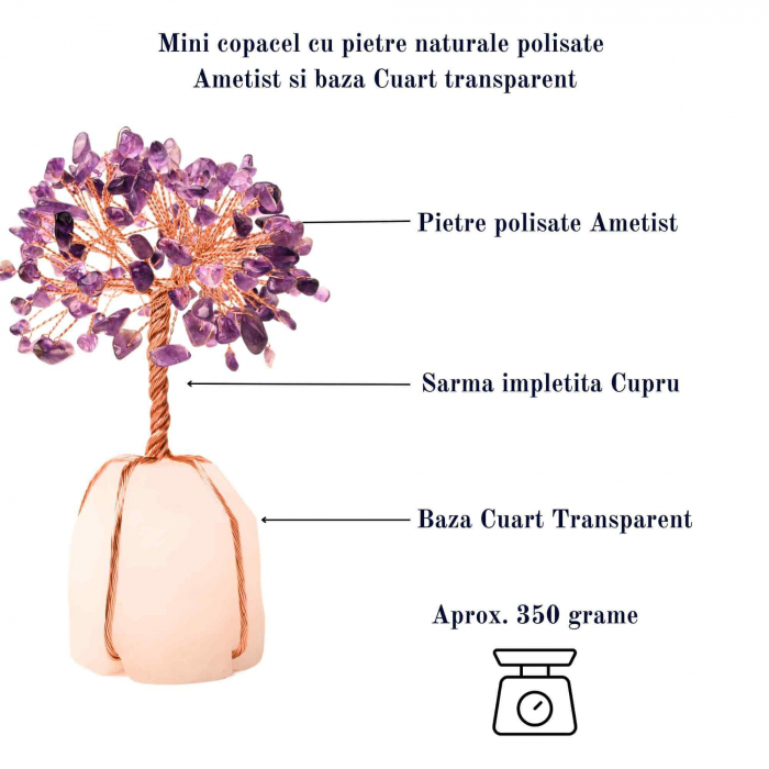 Copacel 13-14 cm din pietre semipretioase polisate de ametist si baza de piatra naturala de cuart transparent - Arbore din cristale semipretioase pentru energie pozitiva  atrage norocul, decor Feng Shui, cadou spiritual [3]