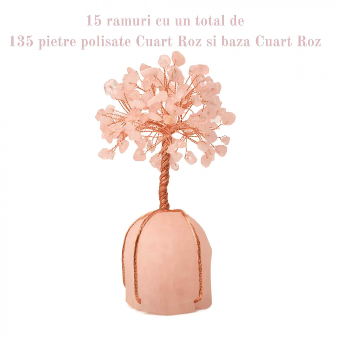 Arborele vietii 13-14 cm din pietre semipretioase polisate de cuart roz si baza de piatra naturala de cuart roz - Copacel de cristal pentru energie pozitiva  atrage norocul, decor Feng Shui, cadou spiritual [4]