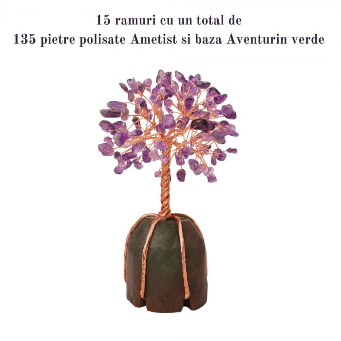 Copacel 13-14 cm din pietre semipretioase polisate de ametist si baza de piatra naturala de aventurin verde - Arbore din cristale semipretioase pentru energie pozitiva, cadou spiritual [4]