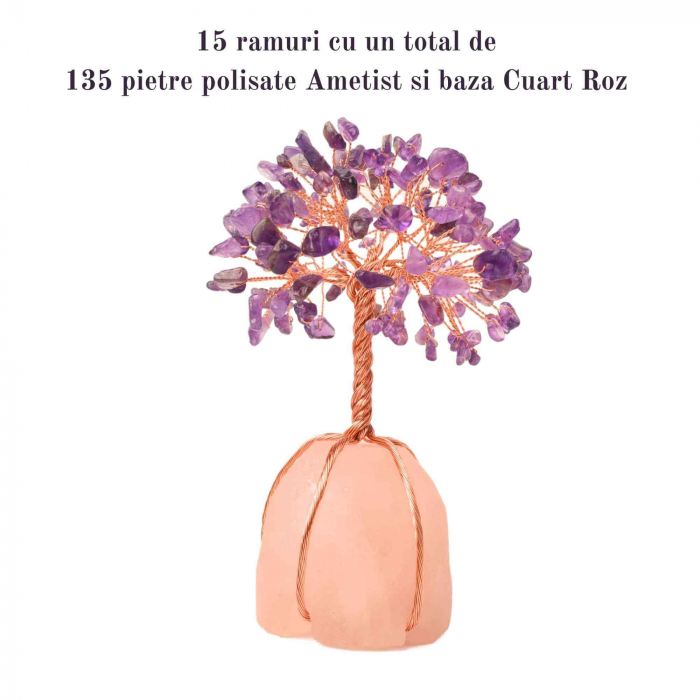 Copacel 13-14 cm din pietre semipretioase polisate de ametist si baza de piatra naturala de cuart roz - Arbore din cristale semipretioase pentru energie pozitiva, cadou spiritual [4]