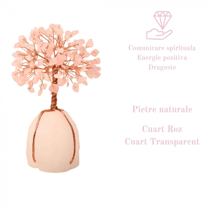 Arborele vietii 13-14 cm din pietre semipretioase polisate de cuart roz si baza de piatra naturala de cuart transparent - Copacel de cristal pentru energie pozitiva  atrage norocul, decor Feng Shui, cadou spiritual [2]