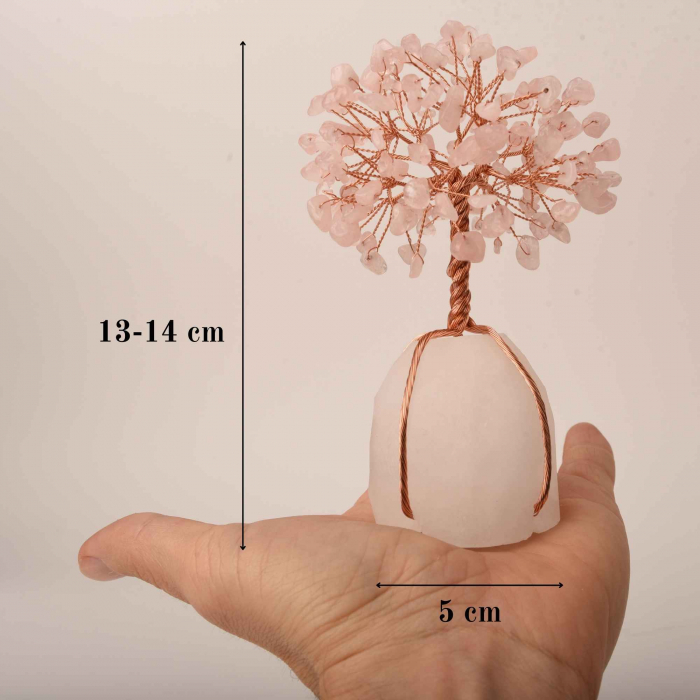 Arborele vietii 13-14 cm din pietre semipretioase polisate de cuart roz si baza de piatra naturala de cuart transparent - Copacel de cristal pentru energie pozitiva  atrage norocul, decor Feng Shui, cadou spiritual [5]