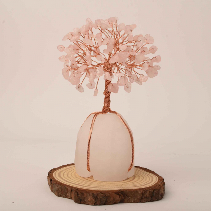 Arborele vietii 13-14 cm din pietre semipretioase polisate de cuart roz si baza de piatra naturala de cuart transparent - Copacel de cristal pentru energie pozitiva  atrage norocul, decor Feng Shui, cadou spiritual [6]