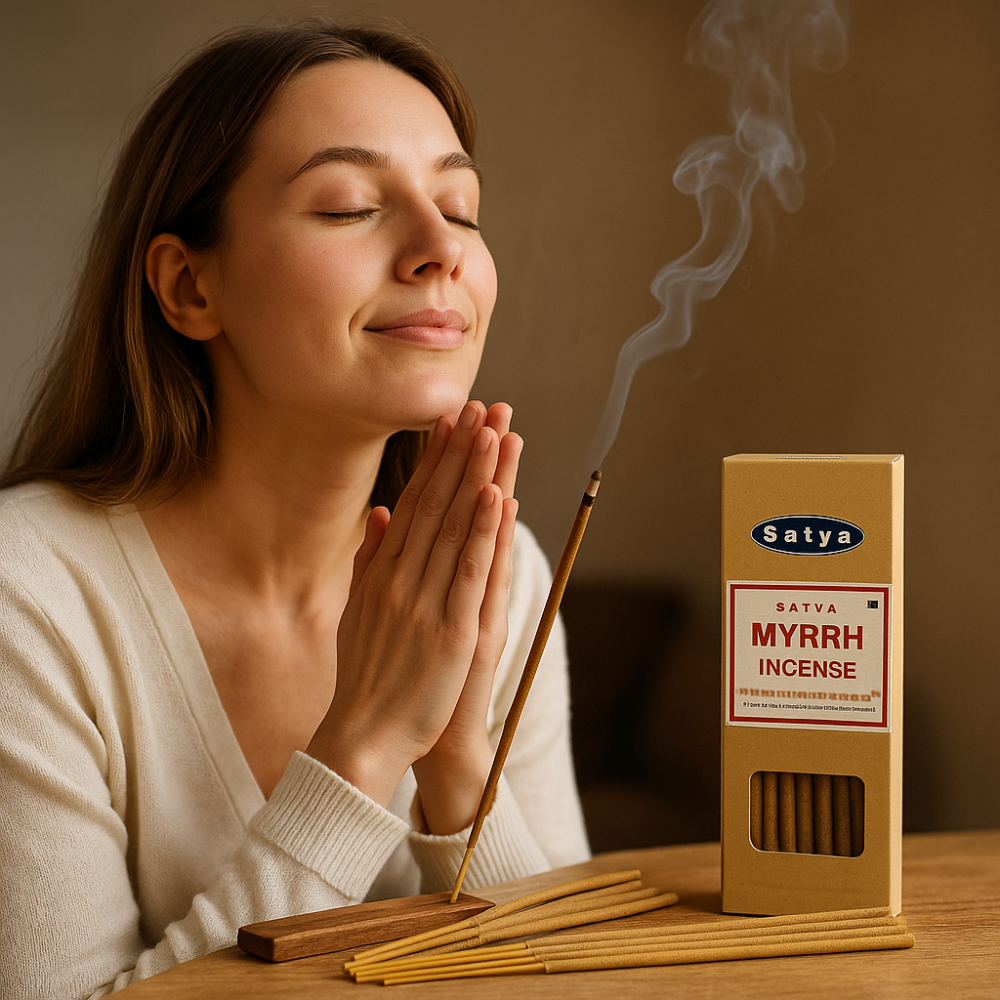 Betisoare Satya Myrrh 15 g – smirna, rulate manual, India [3]