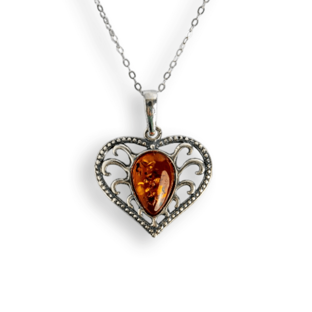 Colier inimioara cu chihlimbar si montura argint 925 ,   Protectie, caldura si echilibru emotional