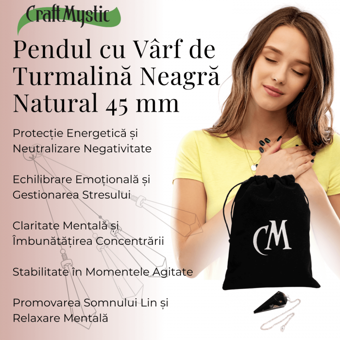 Pendul de Radiestezie cu Varf de Turmalina Neagra Naturala 45 mm [2]