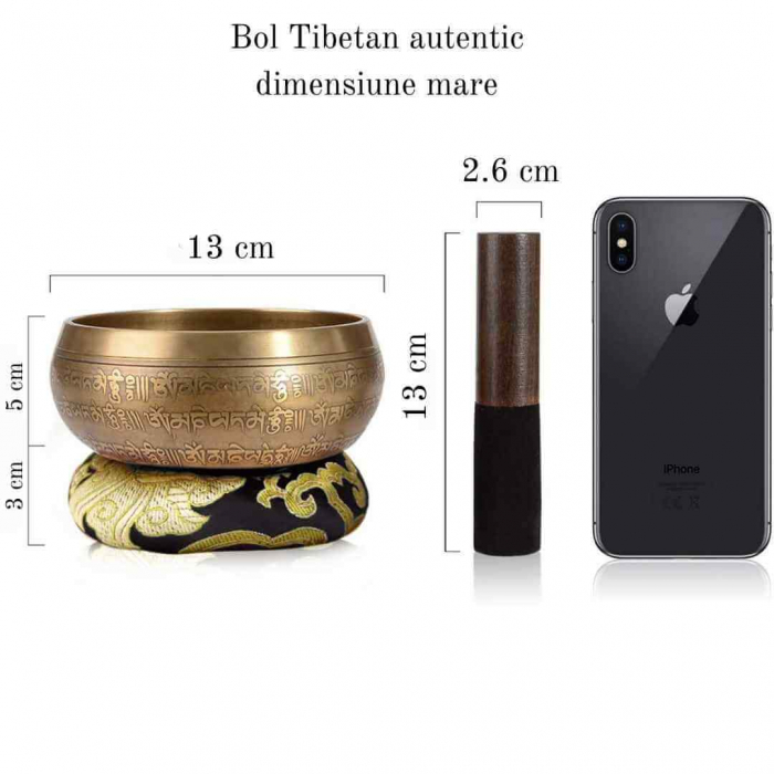 Set bol Tibetan de meditatie 13 cm gravura mantra, batut manual, sunet pentru yoga, vindecare chakre si meditatie Zen, cu ciocan din piele si perna de matase [2]
