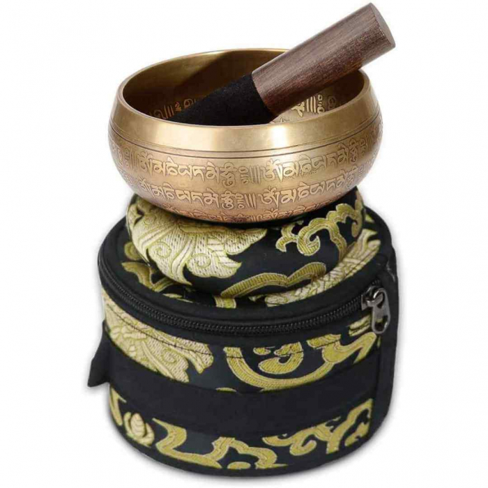 Set bol Tibetan de meditatie 13 cm gravura mantra, batut manual, sunet pentru yoga, vindecare chakre si meditatie Zen, cu ciocan din piele si perna de matase [5]