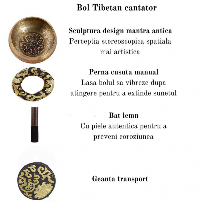 Set bol Tibetan de meditatie 13 cm gravura mantra, batut manual, sunet pentru yoga, vindecare chakre si meditatie Zen, cu ciocan din piele si perna de matase [3]