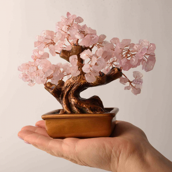 Bonsai cu cristale Cuart Roz pe suport dreptunghiular de ceramica – simbolizeaza: feng shui, noroc, sanatate, bogatie si familie [4]