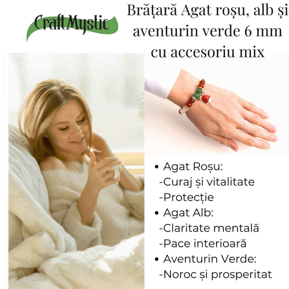 Bratara naturala Agat rosu, alb si aventurin verde cu accesoriu mixt - echilibru si noroc [6]