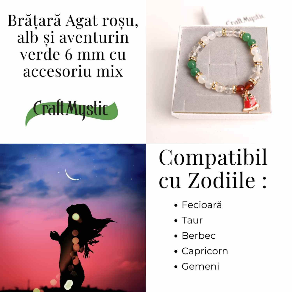 Bratara naturala Agat rosu, alb si aventurin verde cu accesoriu mixt - energie si protectie [5]