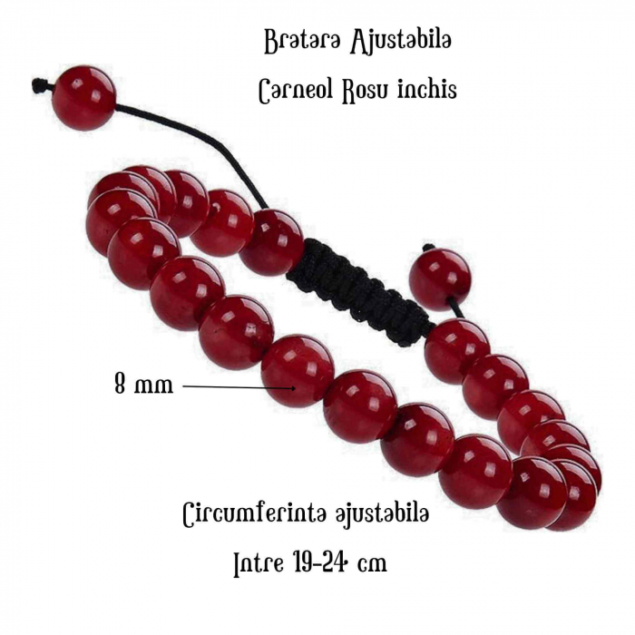 Bratara Ajustabila cu Margele de 8mm din Carneol Rosu Inchis, Circumferinta 19-24 cm - Accesoriu Energetic si Cadou Ideal [2]