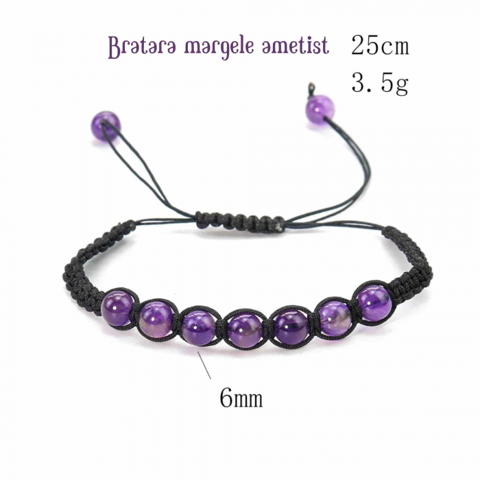 Bratara Handmade Reglabila cu Margele 6mm Rotunde de Ametist si Ciucuri Macrame [2]